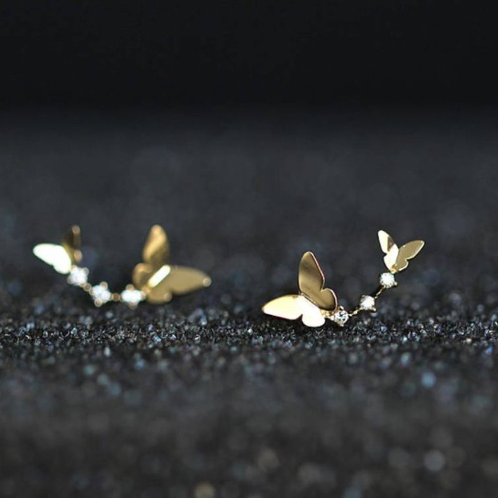 Gold Vermeil Butterfly Earrings Studs Dainty Minimal Minimalist Earrings for her - Picture 4 of 6